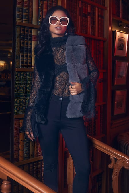 Buy_Rhe-Ana_Grey Faux Leather, Polyester Open Neck Aspen Fur And Gilet 