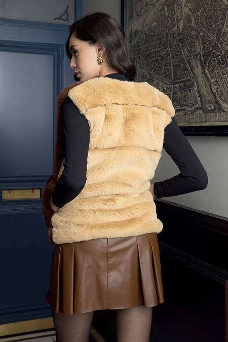 Shop_Rhe-Ana_Brown Faux Leather, Polyester Open Neck Aspen And Fur Gilet _at_Aza_Fashions