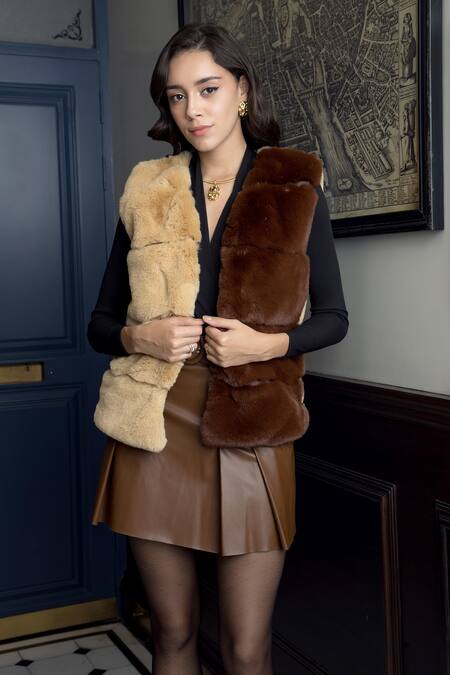 Rhe-Ana_Brown Faux Leather, Polyester Open Neck Aspen And Fur Gilet _Online_at_Aza_Fashions