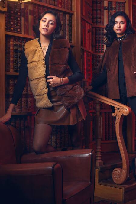 Shop_Rhe-Ana_Brown Faux Leather, Polyester Open Neck Aspen And Fur Gilet _Online_at_Aza_Fashions