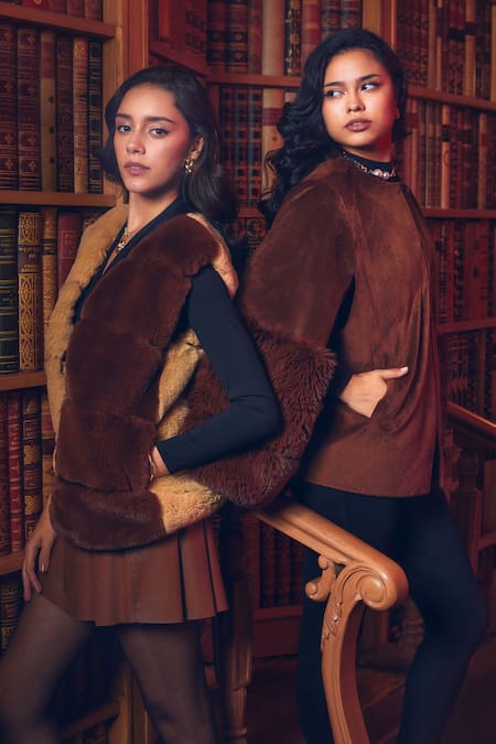 Rhe-Ana_Brown Faux Leather, Polyester Open Neck Aspen And Fur Gilet _at_Aza_Fashions