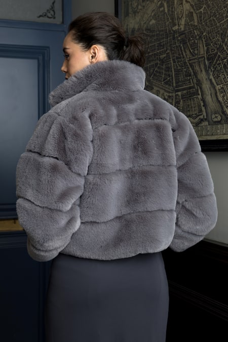 Shop_Rhe-Ana_Grey Faux Leather, Polyester High Neck Koala Fur Jacket _at_Aza_Fashions