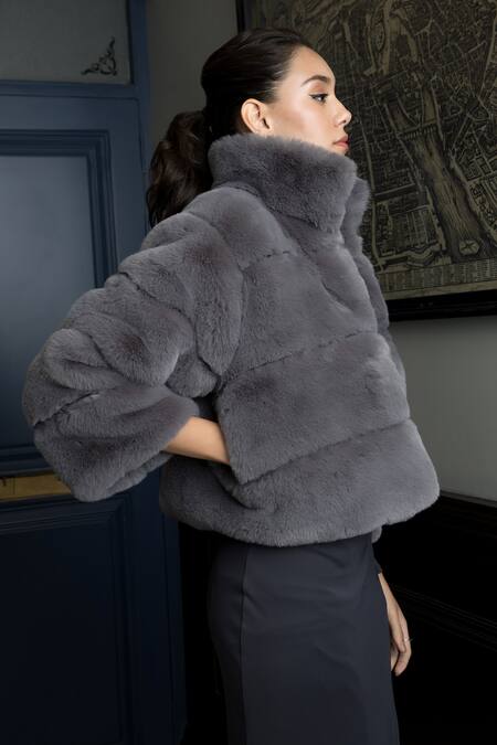 Shop_Rhe-Ana_Grey Faux Leather, Polyester High Neck Koala Fur Jacket _Online_at_Aza_Fashions