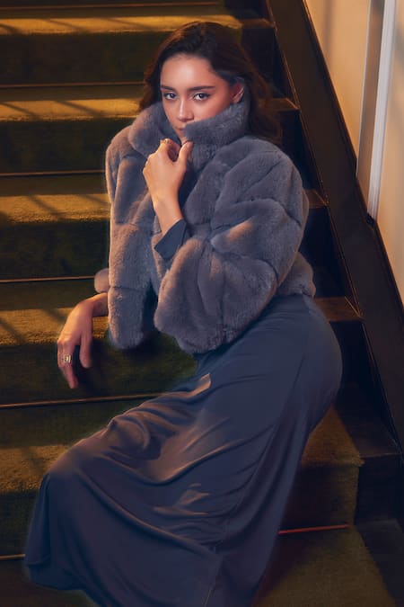 Rhe-Ana_Grey Faux Leather, Polyester High Neck Koala Fur Jacket _at_Aza_Fashions