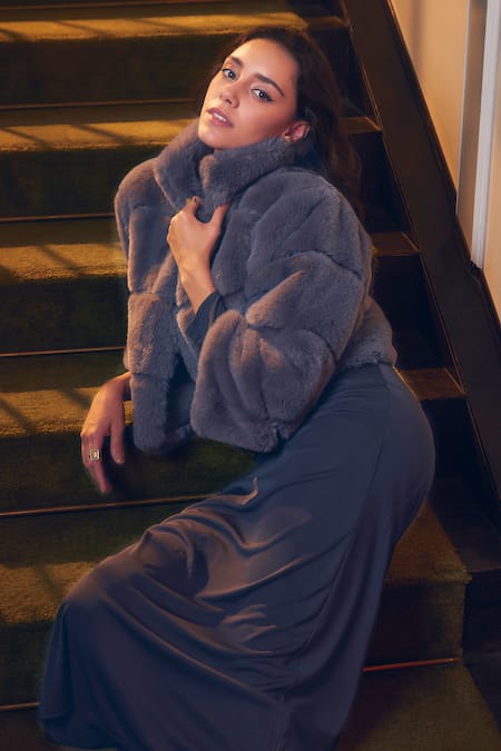 Buy_Rhe-Ana_Grey Faux Leather, Polyester High Neck Koala Fur Jacket 