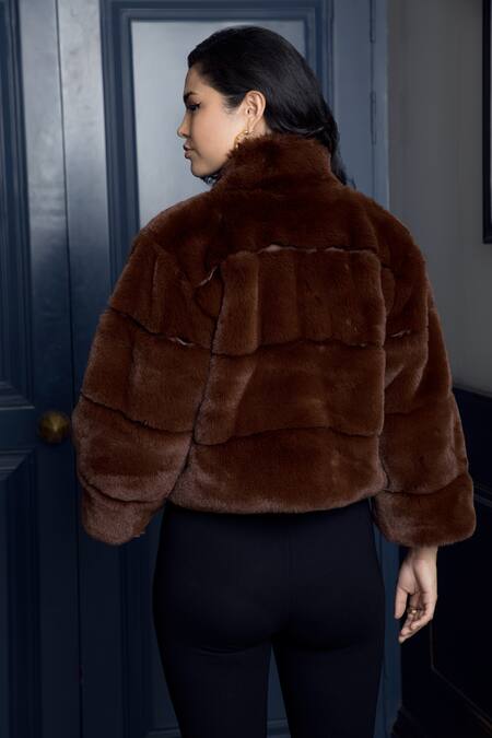Shop_Rhe-Ana_Brown 100% Polyester High Neck Coffee Fur Jacket _at_Aza_Fashions