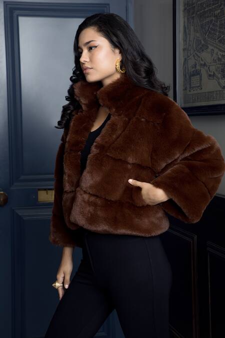 Rhe-Ana_Brown 100% Polyester High Neck Coffee Fur Jacket _Online_at_Aza_Fashions