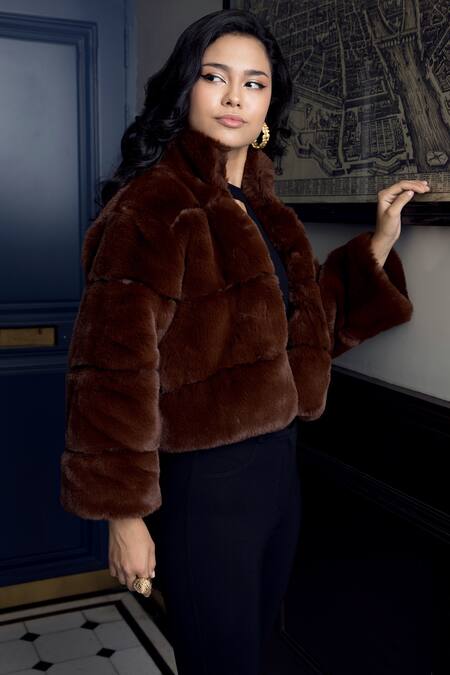 Buy_Rhe-Ana_Brown 100% Polyester High Neck Coffee Fur Jacket _Online_at_Aza_Fashions