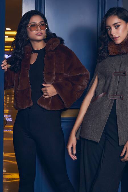 Rhe-Ana_Brown 100% Polyester High Neck Coffee Fur Jacket _at_Aza_Fashions