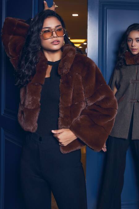 Buy_Rhe-Ana_Brown 100% Polyester High Neck Coffee Fur Jacket 