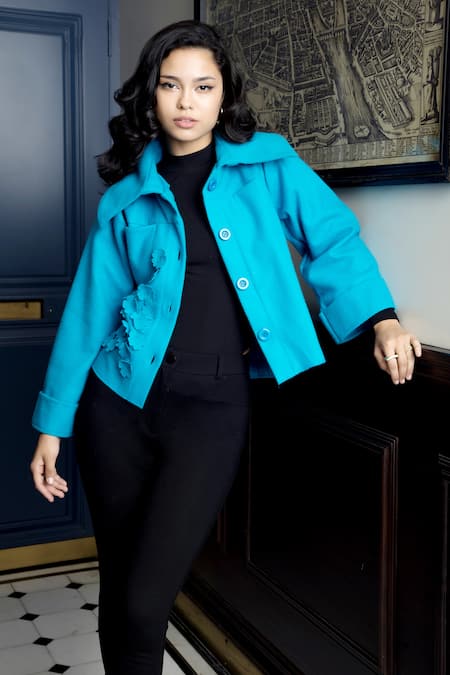 Buy_Rhe-Ana_Blue Wool Embroidery Collared Como Floral Embellished Jacket _Online_at_Aza_Fashions