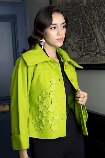 Rhe-Ana_Green Wool Embroidery Collared Como 3d Floral Embellished Jacket _Online_at_Aza_Fashions