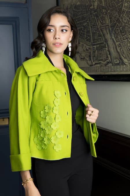 Buy_Rhe-Ana_Green Wool Embroidery Collared Como 3d Floral Embellished Jacket _Online_at_Aza_Fashions