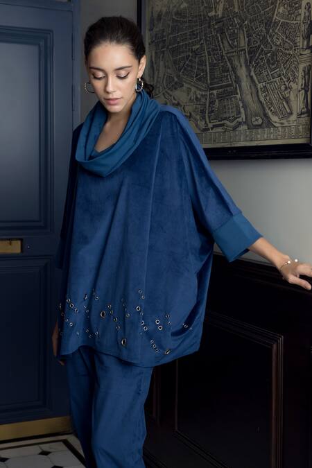 Buy_Rhe-Ana_Blue Polyester Cowl Neck Berlin Top And Pant Co-ord Set 