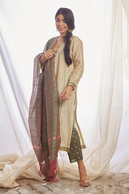 BO Tree Off White Silk, Cotton Lace, Embroidery V-neck Palm Straight Kurta And Pant Online at Aza Fashions BO Tree_Off White Silk, Cotton Lace, Embroidery V-neck Palm Straight Kurta And Pant_Online_at_Aza_Fashions