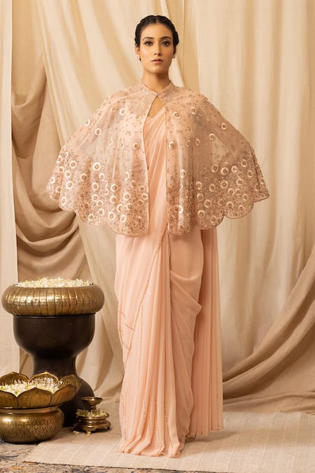 DEEPIKA CHOPRA Peach Satin Lycra Embroidered Resham Blouse Macaroon Saree Set With Capelet 