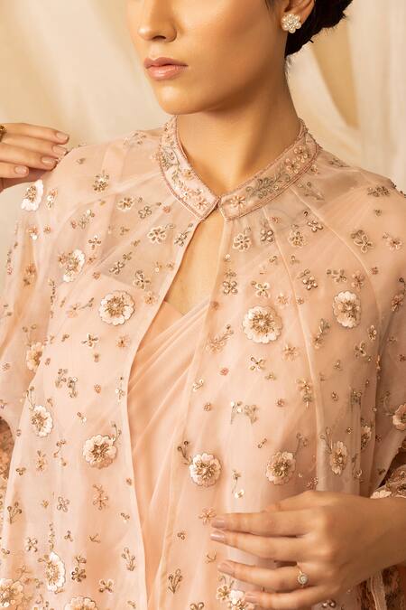 Deepika Chopra_Peach Georgette, Satin, Lycra Macaroon Saree Set With Embroidered Capelet_Online_at_Aza_Fashions