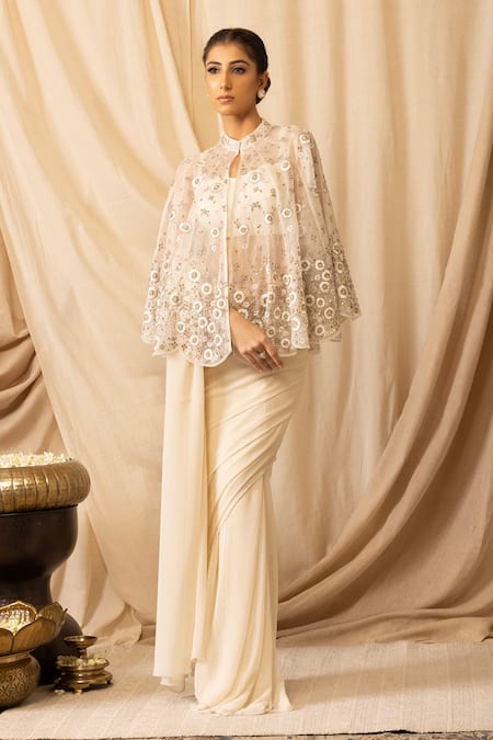 Deepika Chopra_Off White Satin, Lycra, Georgette Embroidery, Sequins, Saree Set With Capelet_Online_at_Aza_Fashions