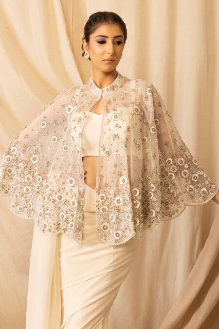 Buy_Deepika Chopra_Off White Satin, Lycra, Georgette Embroidery, Sequins, Saree Set With Capelet_Online_at_Aza_Fashions
