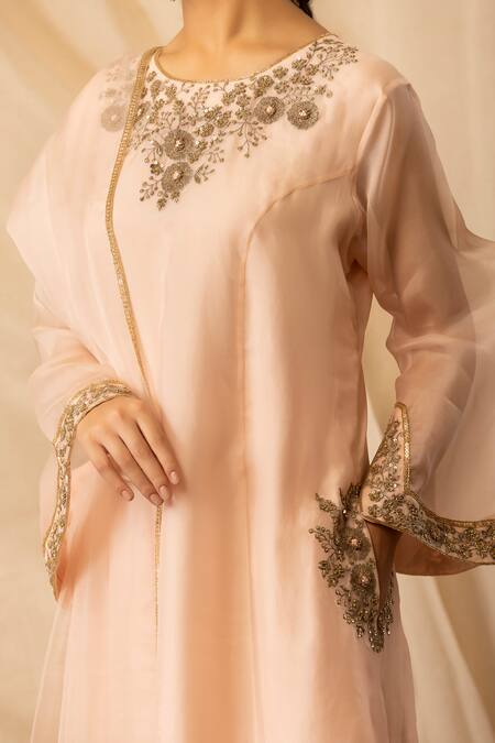 Deepika Chopra_Peach Organza, Satin, Bamboo Zari, Embroidery Hand A-line Kurta Salwar Set_Online_at_Aza_Fashions