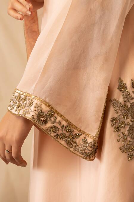 Buy_Deepika Chopra_Peach Organza, Satin, Bamboo Zari, Embroidery Hand A-line Kurta Salwar Set_Online_at_Aza_Fashions
