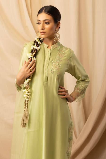 Deepika Chopra_Green Chanderi Silk, Organza, Bamboo Avacado Straight-cut Kurta Salwar Set_Online_at_Aza_Fashions