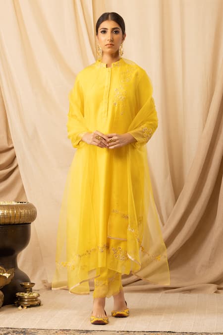 DEEPIKA CHOPRA Yellow Kurta Pure Chanderi Silk Embroidered Marigold Straight-cut Salwar Set