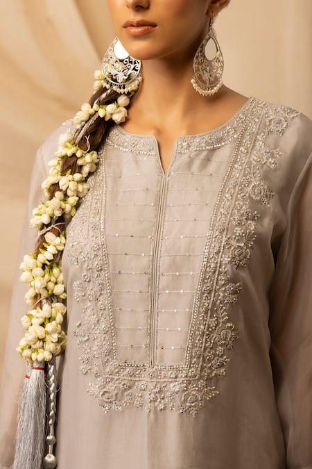 Buy_Deepika Chopra_Silver Organza, Bamboo, Silk Pearls, Snowfall Straight-cut Kurta Salwar Set_Online_at_Aza_Fashions