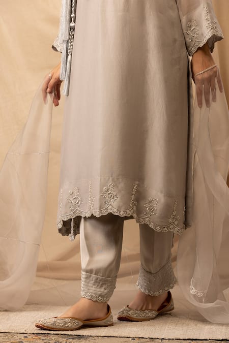 Shop_Deepika Chopra_Silver Organza, Bamboo, Silk Pearls, Snowfall Straight-cut Kurta Salwar Set_Online_at_Aza_Fashions