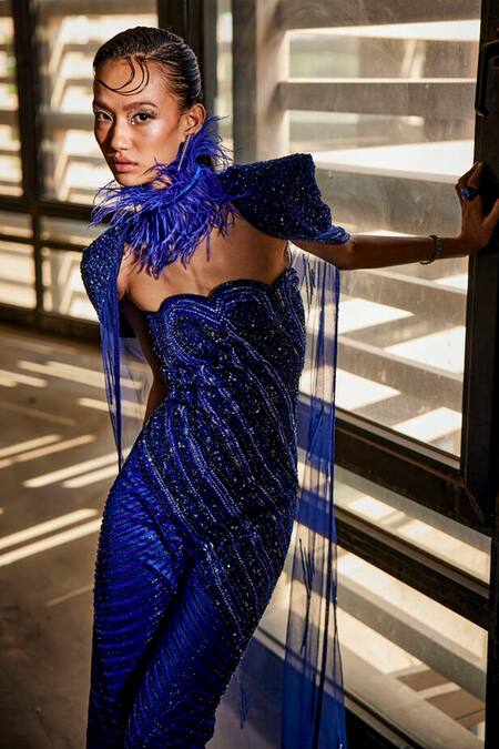 Buy_Garima Karwariya Designs_Blue Net, Satin Beads, Rhinestones The Euphoria Embroidered Jumpsuit And Cape Set _Online_at_Aza_Fashions