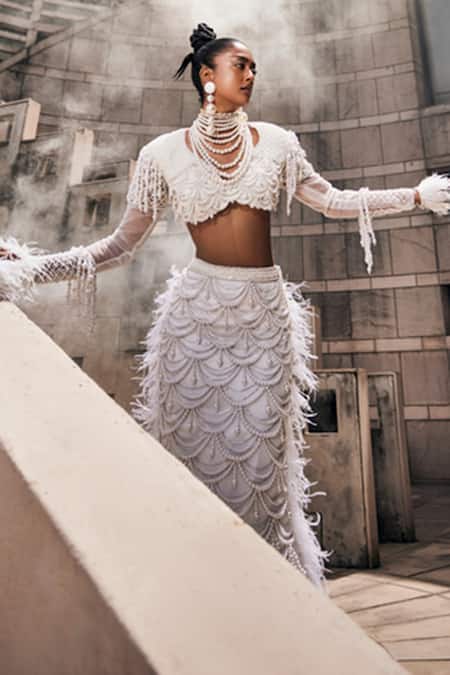 Garima Karwariya Designs Ivory Net, Satin Pearls, Feathers The Sea Treasure Work Blouse And Lehenga Set Online at Aza Fashions Garima Karwariya Designs_Ivory Net, Satin Pearls, Feathers The Sea Treasure Work Blouse And Lehenga Set _Online_at_Aza_Fashions
