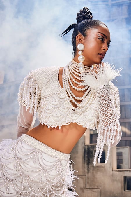Buy Garima Karwariya Designs Ivory Net, Satin Pearls, Feathers The Sea Treasure Work Blouse And Lehenga Set Online at Aza Fashions Buy_Garima Karwariya Designs_Ivory Net, Satin Pearls, Feathers The Sea Treasure Work Blouse And Lehenga Set _Online_at_Aza_Fashions