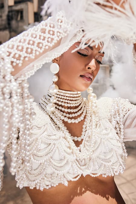 Shop Garima Karwariya Designs Ivory Net, Satin Pearls, Feathers The Sea Treasure Work Blouse And Lehenga Set Online at Aza Fashions Shop_Garima Karwariya Designs_Ivory Net, Satin Pearls, Feathers The Sea Treasure Work Blouse And Lehenga Set _Online_at_Aza_Fashions