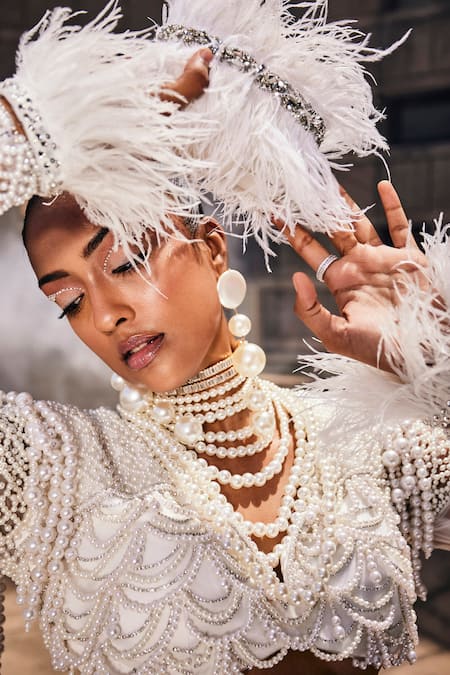 Garima Karwariya Designs Ivory Net, Satin Pearls, Feathers The Sea Treasure Work Blouse And Lehenga Set at Aza Fashions Garima Karwariya Designs_Ivory Net, Satin Pearls, Feathers The Sea Treasure Work Blouse And Lehenga Set _at_Aza_Fashions