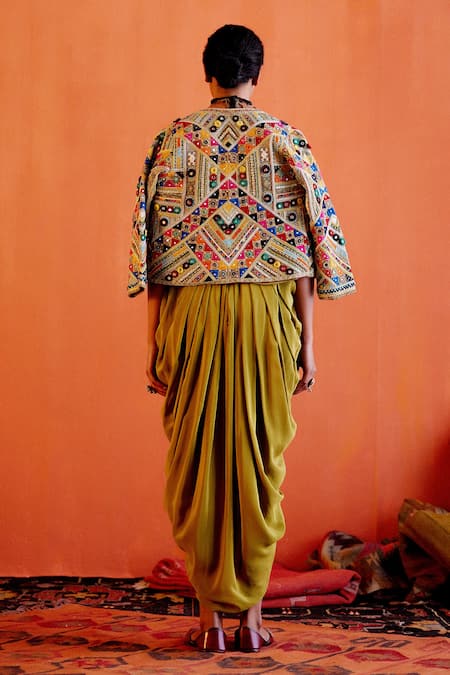 Shop Karishma Khanduja Bareilly Green Chanderi, Crepe Embroidery, Sequins Open Thread Jacket And Dhoti Pant Set at Aza Fashions Shop_Karishma Khanduja Bareilly_Green Chanderi, Crepe Embroidery, Sequins Open Thread Jacket And Dhoti Pant Set _at_Aza_Fashions