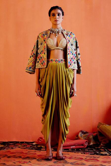 Karishma Khanduja Bareilly Green Chanderi, Crepe Embroidery, Sequins Open Thread Jacket And Dhoti Pant Set Online at Aza Fashions Karishma Khanduja Bareilly_Green Chanderi, Crepe Embroidery, Sequins Open Thread Jacket And Dhoti Pant Set _Online_at_Aza_Fashions