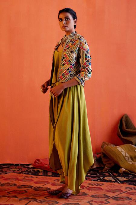 Shop Karishma Khanduja Bareilly Green Chanderi, Crepe Embroidery, Sequins Open Thread Jacket And Dhoti Pant Set Online at Aza Fashions Shop_Karishma Khanduja Bareilly_Green Chanderi, Crepe Embroidery, Sequins Open Thread Jacket And Dhoti Pant Set _Online_at_Aza_Fashions