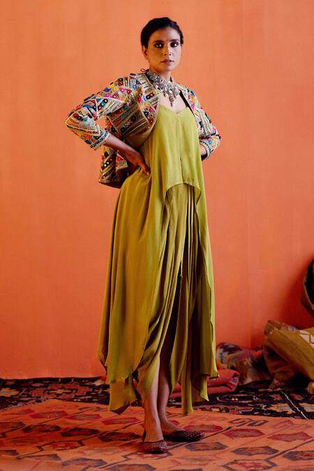 Karishma Khanduja Bareilly Green Chanderi, Crepe Embroidery, Sequins Open Thread Jacket And Dhoti Pant Set at Aza Fashions Karishma Khanduja Bareilly_Green Chanderi, Crepe Embroidery, Sequins Open Thread Jacket And Dhoti Pant Set _at_Aza_Fashions