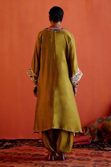 Shop Karishma Khanduja Bareilly Green Cheeniya Silk Embroidery Thread Notched Placket Kurta And Dhoti Pant Set at Aza Fashions Shop_Karishma Khanduja Bareilly_Green Cheeniya Silk Embroidery Thread Notched Placket Kurta And Dhoti Pant Set _at_Aza_Fashions