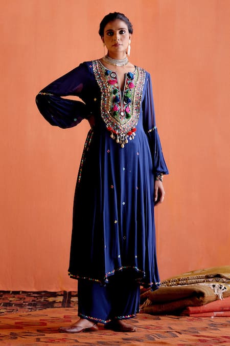 Karishma Khanduja Bareilly Blue Georgette Embroidery Thread Pleated Anarkali And Flared Pant Set 
