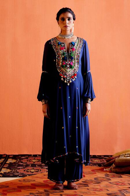 Karishma Khanduja Bareilly_Blue Georgette Embroidery Thread Notched Pleated Anarkali And Flared Pant Set _Online_at_Aza_Fashions