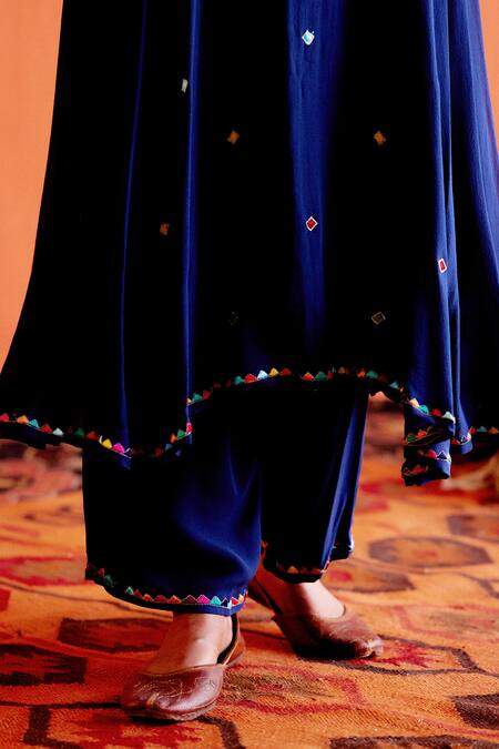 Shop_Karishma Khanduja Bareilly_Blue Georgette Embroidery Thread Notched Pleated Anarkali And Flared Pant Set _Online_at_Aza_Fashions