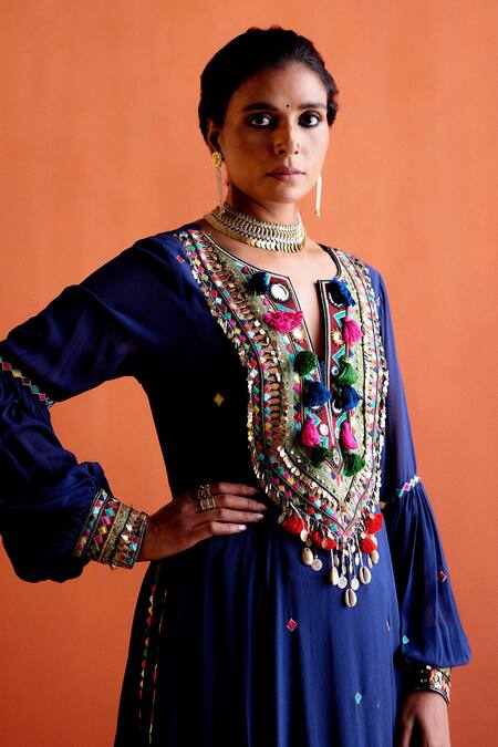 Karishma Khanduja Bareilly_Blue Georgette Embroidery Thread Notched Pleated Anarkali And Flared Pant Set _at_Aza_Fashions