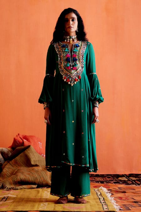 Karishma Khanduja Bareilly_Green Georgette Beads, Sequins, Embroidery Geometric Anarkali And Flared Pant Set _Online_at_Aza_Fashions