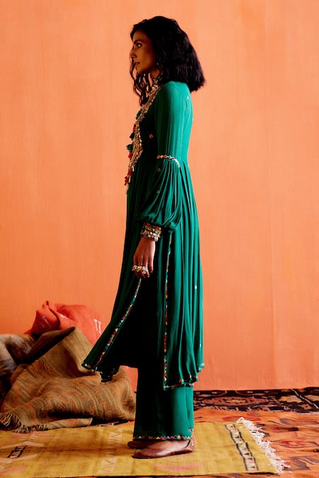 Buy_Karishma Khanduja Bareilly_Green Georgette Beads, Sequins, Embroidery Geometric Anarkali And Flared Pant Set _Online_at_Aza_Fashions