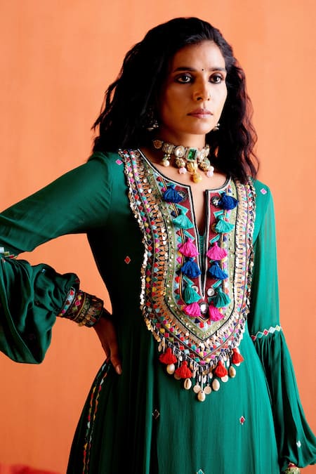 Shop_Karishma Khanduja Bareilly_Green Georgette Beads, Sequins, Embroidery Geometric Anarkali And Flared Pant Set _Online_at_Aza_Fashions