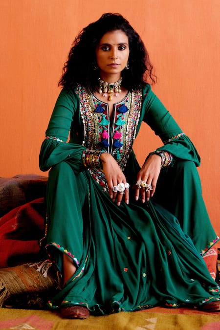 Karishma Khanduja Bareilly_Green Georgette Beads, Sequins, Embroidery Geometric Anarkali And Flared Pant Set _at_Aza_Fashions