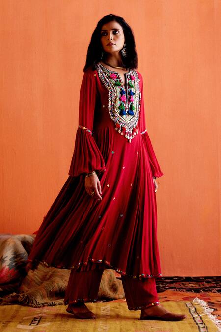 Shop Karishma Khanduja Bareilly Maroon Georgette Sequins, Mirrors, Beads, Thread Anarkali And Palazzo Set at Aza Fashions Shop_Karishma Khanduja Bareilly_Maroon Georgette Sequins, Mirrors, Beads, Thread Anarkali And Palazzo Set _at_Aza_Fashions