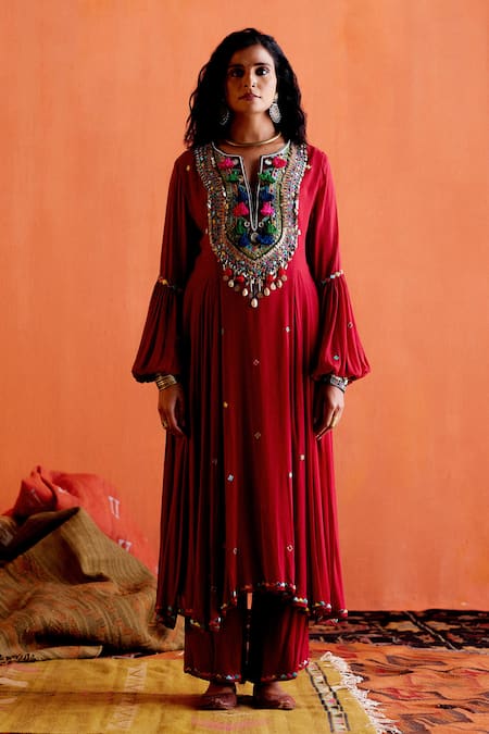 Karishma Khanduja Bareilly Maroon Georgette Sequins, Mirrors, Beads, Thread Anarkali And Palazzo Set Online at Aza Fashions Karishma Khanduja Bareilly_Maroon Georgette Sequins, Mirrors, Beads, Thread Anarkali And Palazzo Set _Online_at_Aza_Fashions