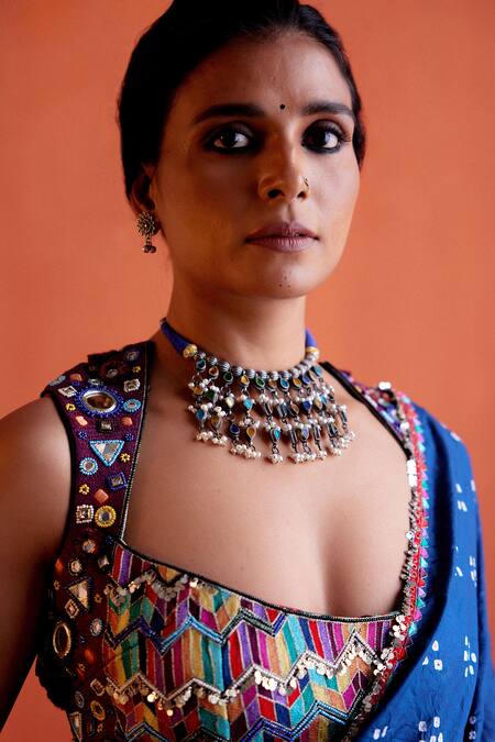 Shop Karishma Khanduja Bareilly Blue Crepe Embroidery Resham Scoop Neck Blouse at Aza Fashions Shop_Karishma Khanduja Bareilly_Blue Crepe Embroidery Resham Scoop Neck Blouse _at_Aza_Fashions